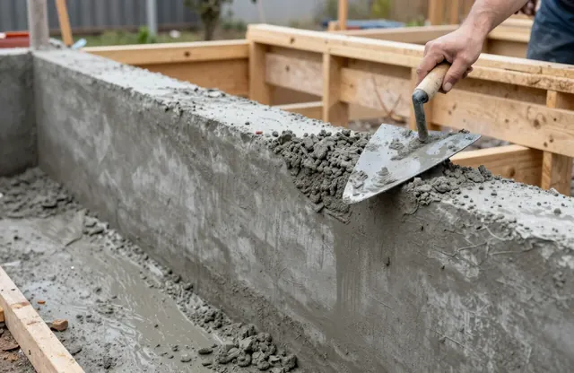 Frisch betoniertes Streifenfundament in einer Holzschalung, oben mit der Kelle abgezogen