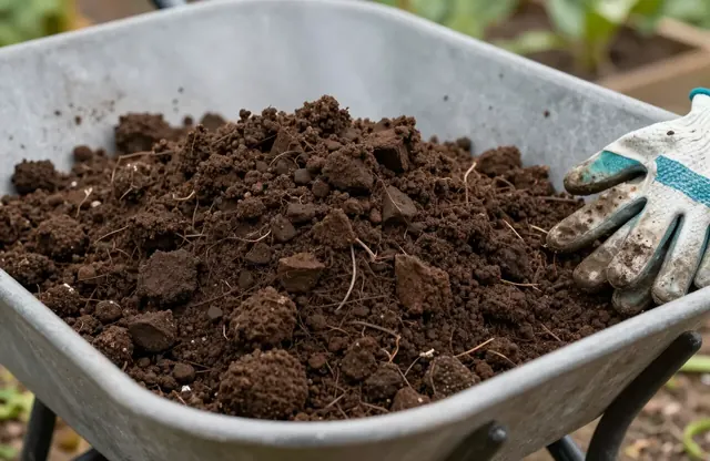 Schubkarre voll krümeliger Gartenerde mit einem Arbeitshandschuh am Rand