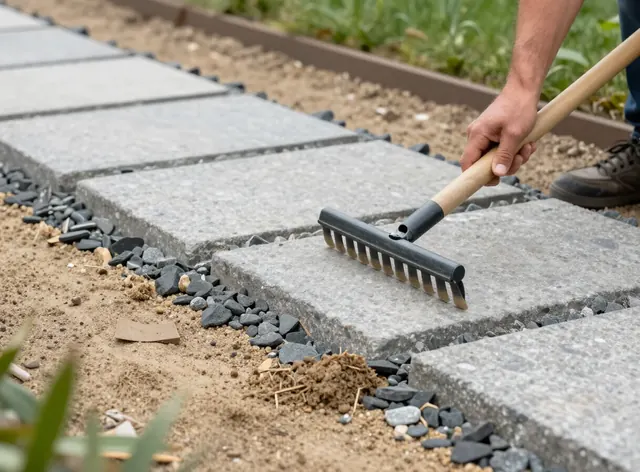 Verlegte Betonplatten mit Splittfugen, daneben ein Rechen im Bettungssand