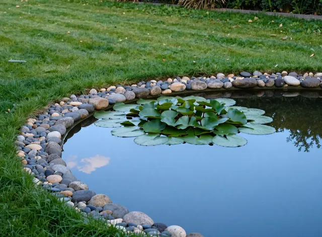 Gemähte Rasenfläche, die an einen mit Kieseln eingefassten Gartenteich grenzt