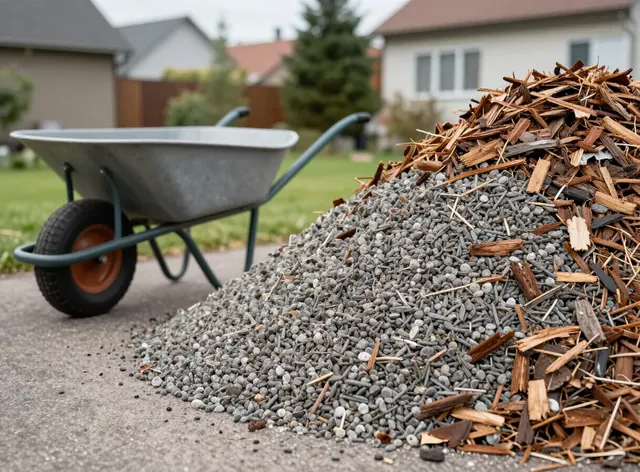 Schubkarre neben einem Haufen aus Kies und Rindenmulch auf einer Einfahrt