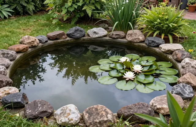 Runder Gartenteich mit Natursteinrand und blühenden Seerosen